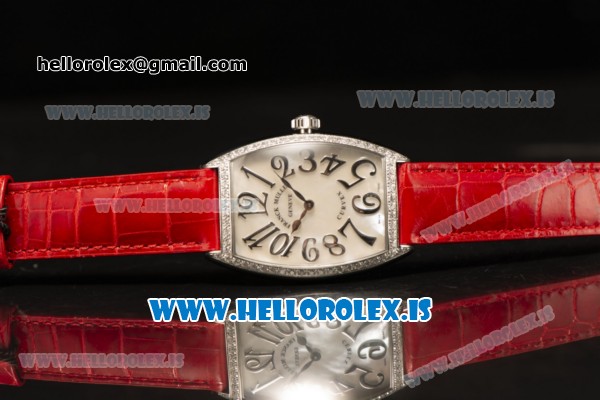 Franck Muller CINTR?E CURVEX Diamond Bezel With Red Calfskin Strap Swiss Ronda 762 Quartz White Dial - Click Image to Close